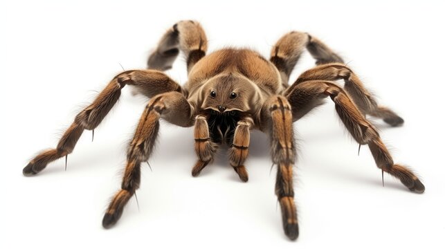 A detailed and close-up view of a tarantula spider, expertly isolated against a clean white background