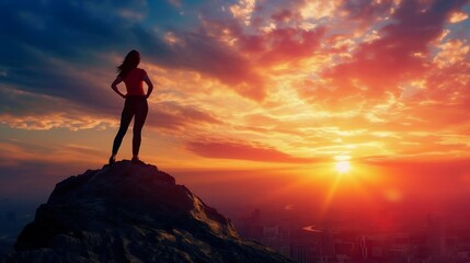Fototapeta premium Silhouette of a Woman on Mountain Peak at Sunset. Generative ai