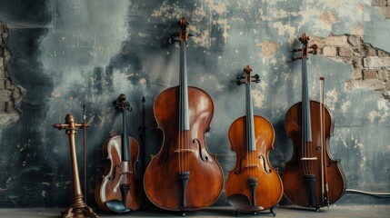 Classical musical instruments on grey background - obrazy, fototapety, plakaty