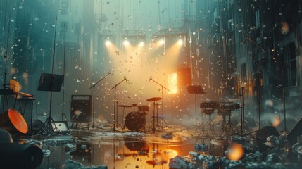 Musical instruments in the rain. Violin, piano, double bass - obrazy, fototapety, plakaty