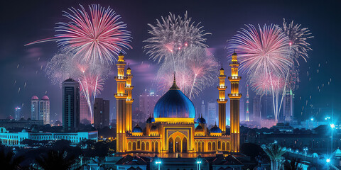 Fototapeta na wymiar Eid Al-Fitr Firework Display Over Mosque: A spectacular fireworks display over a mosque to celebrate Eid Al-Fitr, symbolizing joy and festivity, with Eid Fireworks Spectacle in explosive