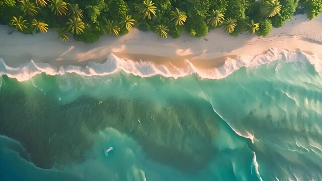 Beautiful summer tropical beach with white sand, palm trees, turquoise ocean water. ariel view of tropical island. Ocean waves 4k video. Magical landscape Holiday and travel