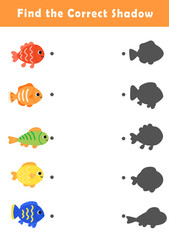 Shadow matching game for kids. Educational game for children. Find the right shadow of cute fish illustration.	