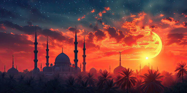 Ramadan Call to Prayer: An evocative design capturing the moment of the call to prayer at sunset, with minarets against a glowing sky, embodying the spiritual call of Ramadan Call Prayer - Ramadan