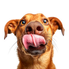 Hungry dog is licking lips face portrait Isolated on transparent background, PNG
