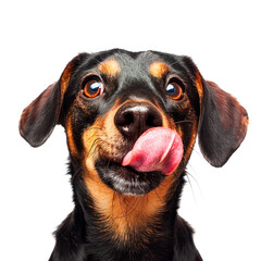 Hungry dog is licking lips face portrait Isolated on transparent background, PNG