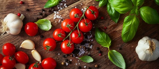 Tomato sauce ingredients: cherry tomatoes, garlic, basil, black pepper, salt.