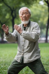 Naklejka na ściany i meble elder man practicing the art of tai chi in a public park