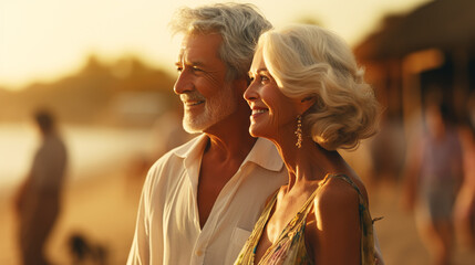 Happy senior man and woman old retired couple walking and holding hands on a beach at sunset, s3niorlife - 731634519