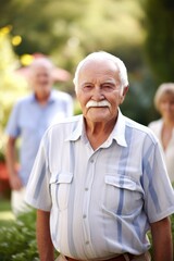 portrait of a senior man standing outside in the garden with friends