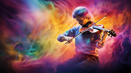 Fototapeta premium Beautiful man playing violin. Male violinist against dark colors background with colorful smoke.