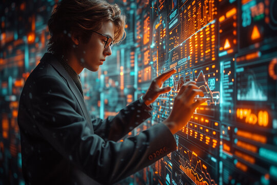 A man in white is holding onto a hologram.