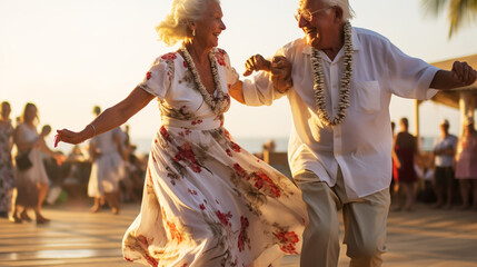 Happy senior man and woman old retired couple walking and holding hands on a beach at sunset, s3niorlife - 731634719