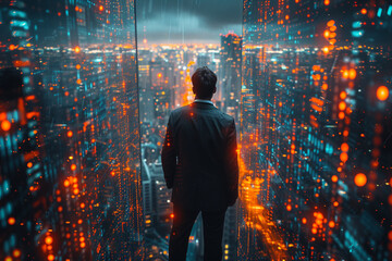 Businessman standing in a transparent room Outside was a tall building, a big city, and he was standing with his hand touching a holographic screen.