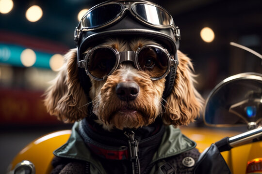 funny dog, Cool Cockapoo dog ready to ride a motorcycle wearing retro motorcycle helmet and goggles. Creative Imagery