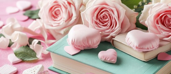 Valentine's Day decorations featuring adorable pink roses, books, and hearts.