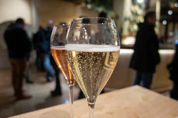Tasting of sparkling wine champagne on winter weekend festival in December on Avenue de Champagne, Epernay, Champagne region, France