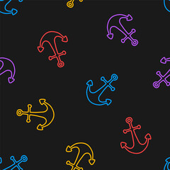 Black seamless pattern with colorful outline anchors