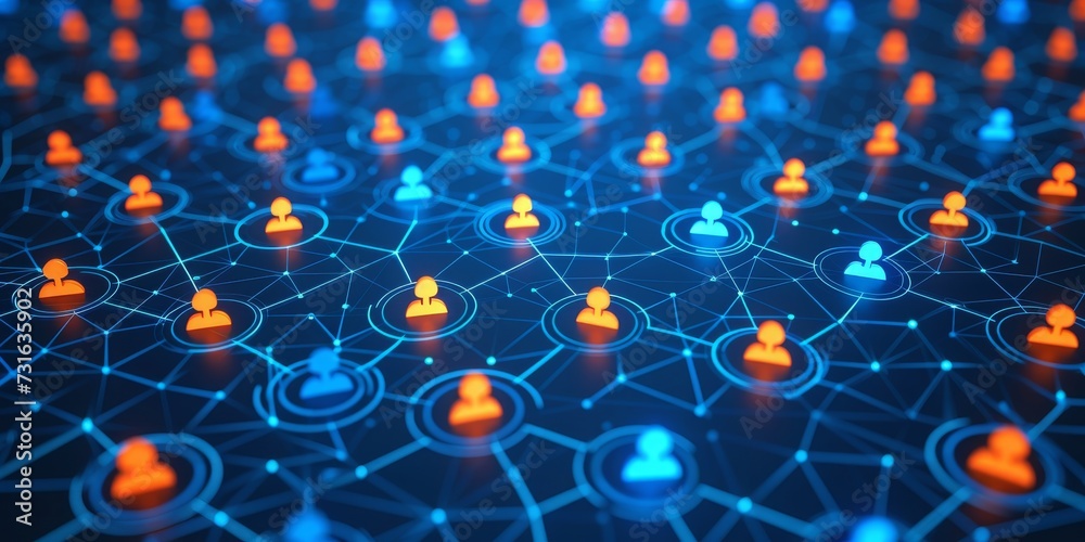 Aufkleber A Network of Social Media Profiles Interlinked on a Futuristic Blue and Orange Grid, Generative AI
