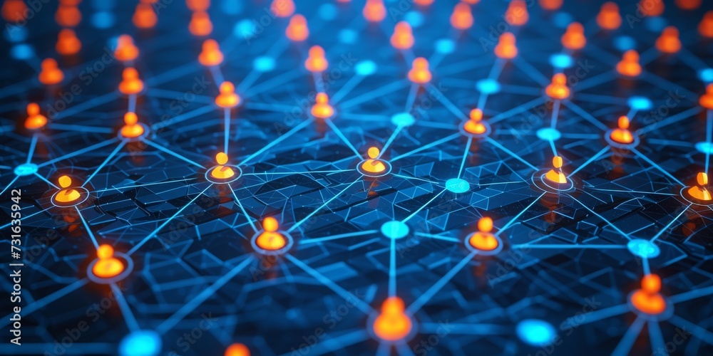 Poster a network of social media profiles interlinked on a futuristic blue and orange grid, generative ai