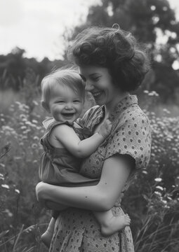 mother holding laughing baby in garden, vintage black and white photo, old and faded 