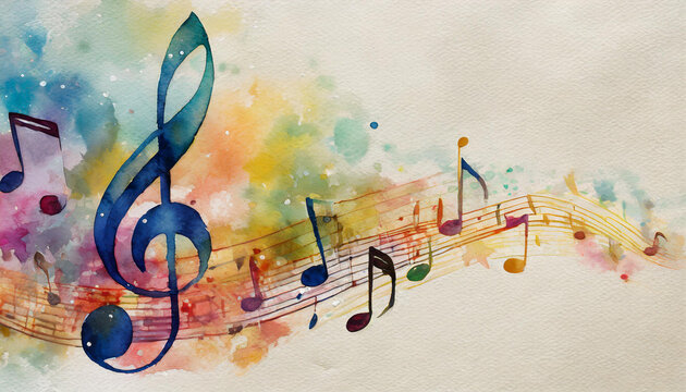 Musical notes icon, watercolor art, canvas background, copy space on a side