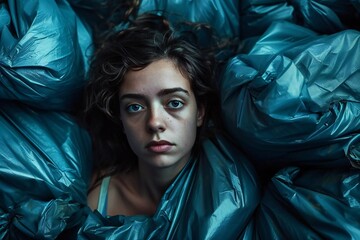 Sad woman among trash bags