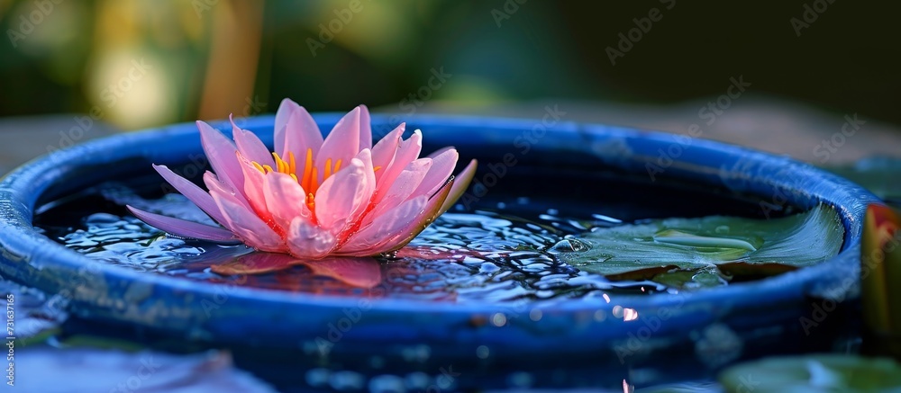 Canvas Prints A pink water lily, an aquatic plant, gracefully floats in a blue bowl of liquid. Its delicate petals create an enchanting sight resembling a cloud in electric blue.