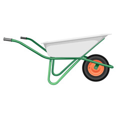 Vintage garden single wheel wheelbarrow with two handles, pneumatic tire and grey aluminum body side view isolated on white vector illustration