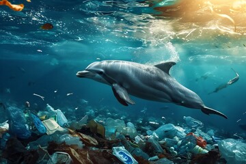 Obraz premium Dolphin swimming gracefully around the trashy ocean.