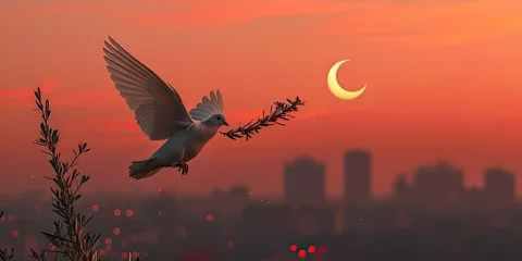 Fotobehang Ramadan Peace Dove Over Cityscape: A peaceful dove flying over a cityscape at dusk, carrying an olive branch a crescent moon background, representing peace harmony during Ramadan, Peace Dove Ramadan © SurfacePatterns