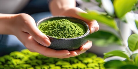 woman hand holding  matcha tea powder on bowl, prepare Japanese green Matcha tea - obrazy, fototapety, plakaty