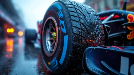 Selbstklebende Fototapeten Formula 1 car close up of the front tire - Generative AI © Dennis