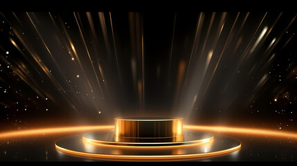 Luxurious and futuristic golden empty stage, golden particles background in stage shape