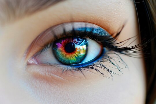 Close up cropped view of eye of woman with rainbow pupil