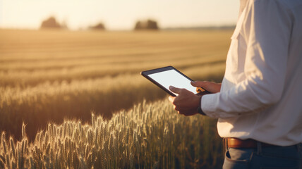 male farmer hand using tablet in wheat field with to keep digital tax record