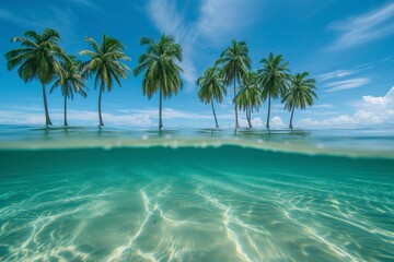 Lush palm trees on a sandy beach with their reflection in the crystal-clear ocean water below a blue sky
