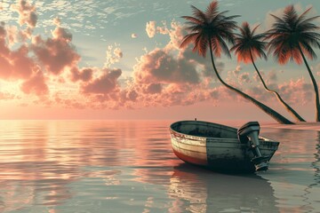 An idyllic scene with a small rowboat tied near palm trees on a calm beach as the sun sets