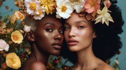 Obraz premium Diverse women adorned with flowers.