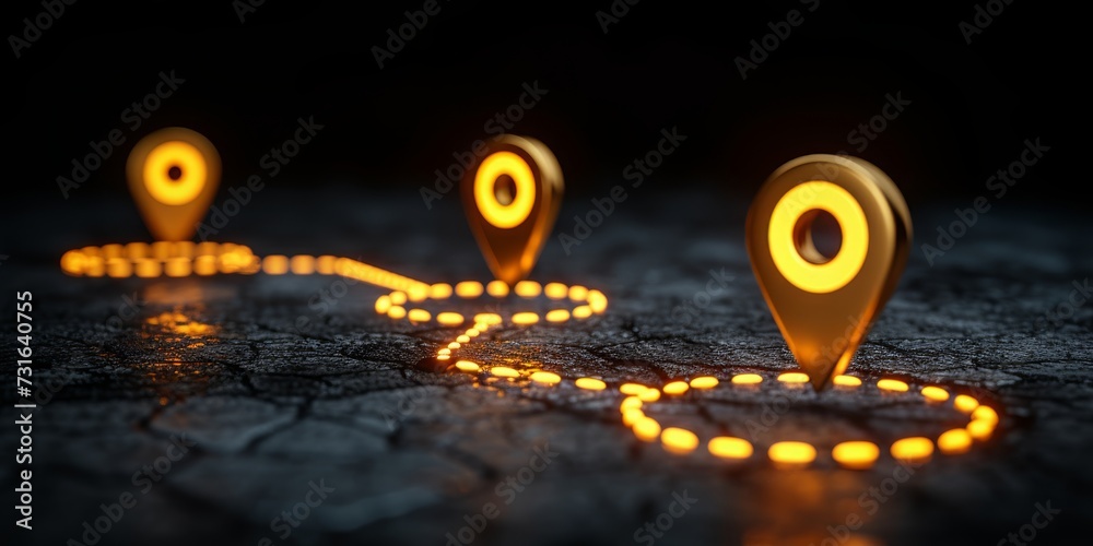 Aufkleber illuminated gps location pins mapping a journey across a digitally conceptualized terrain, generativ