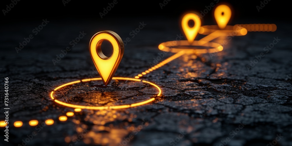 Aufkleber illuminated gps location pins mapping a journey across a digitally conceptualized terrain, generativ