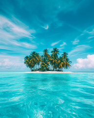 A picturesque isle with dense palms under soft cumulus clouds floating in the vividly blue tropical sky
