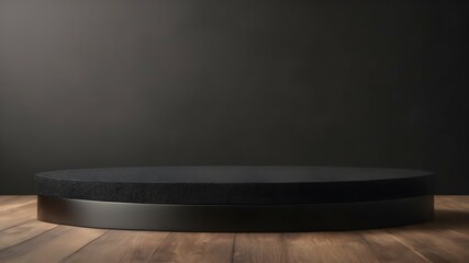 Minimalistic black matte podium for luxury product presentation on a wooden bottom on a black background
