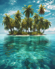 Serenity encapsulated as a lush tropical island paradise boasting tall palm trees and clear blue waters