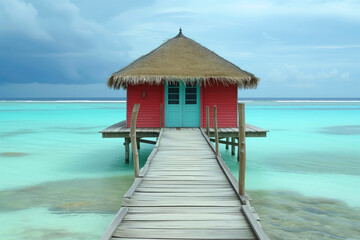 A vibrant red overwater bungalow with a thatched roof extends out into a calm turquoise sea under a stormy sky