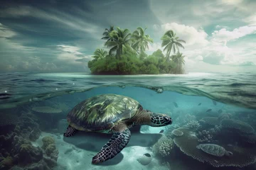 Poster An enchanting underwater shot capturing a sea turtle swimming by a vibrant coral reef under a dappled sunlight © mendor