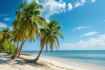 Fototapeta na wymiar Beautiful tranquil beach scene featuring three tall palm trees leaning over a peaceful sandy shore