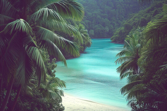 Peaceful hidden cove surrounded by dense tropical foliage and calm turquoise waters
