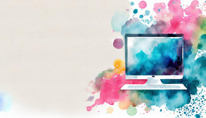 PC icon, watercolor art, canvas background, copy space on a side