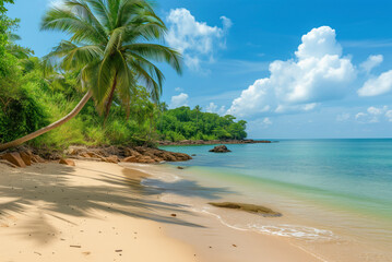 Sandy beach with an overhanging palm tree and calm blue sea near a tropical forest